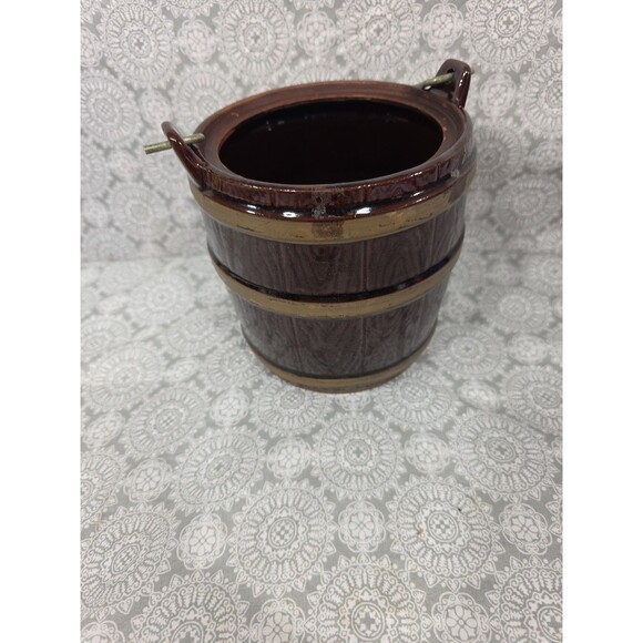Vintage Brown Ceramic Cookies Jar Barrel with Metal Handle and Lid Marcrest Drip - Picture 6 of 8